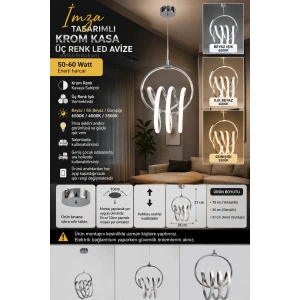 DMR Sarmal Büyük İmza Sarkıt Led Avize KROM Kasa 50w 220 Volt Üç Renk 6500k/4000k/3000k (Beyaz /Ilık Beyaz/Sarı (Günışığı)