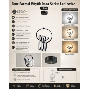 DMR Sarmal Büyük İmza Sarkıt Led Avize SİYAH Kasa 50w 220 Volt Üç Renk 6500k/4000k/3000k (Beyaz /Ilık Beyaz/Sarı (Günışığı)