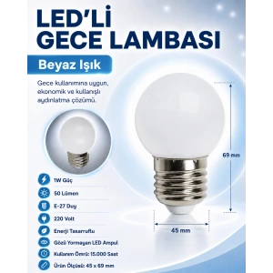 E-27 Duylu 1w BEYAZ Ledli Gece Lambası Ampulu 1 Watt 220 Volt