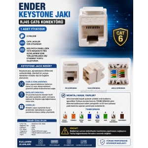 ENDER Keystone Jak RJ 45 8 Pin CAT-6 Konnektörü (Şase CAT5E-8P8C)