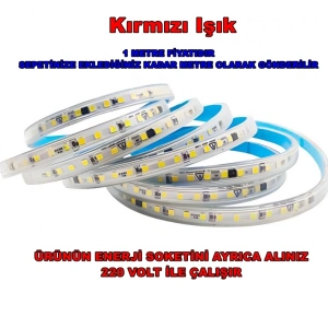 ERKled 10 Çip 220v KIRMIZI Dış Mekan Trafosuz Şerit Led Kendinden Yapışkanlı (Strip 120 Led) IP44