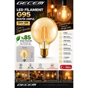 GECEM G95 Sarı Işık 6w E-27 Fılament Rustik Led Ampul 2700K (BALON) 660lm