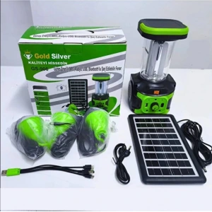 GOLD SILVER Solar Şarjlı 4V 9Ah Ledli El Feneri Lamba Seti Güneş Enerji Panelli 3 Ampullü Radyo + Bluetooth + USB + Mp3