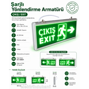HLİTE Exıt Çıkış Sağa - Sola Ok İşaretli Şarjlı Yönlendirme Armatürü Levhası 3w 220v IP20