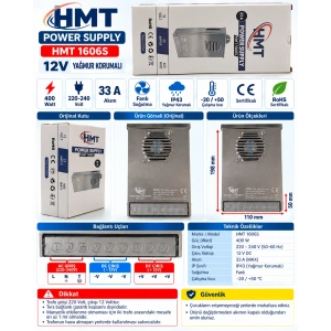 HMT 12v Dc  33.3A 400w Yağmur Korumalı Epoksi li Fanlı Led Trafosu 12 Volt 33.3 Amper IP43 (Tam Değer Güç Şerit Led Tabela ve Kamera vs)