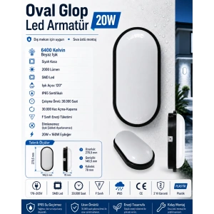 HOROZ Aydos 20w SİYAH Oval Glop Led Armatür 6400k IP65