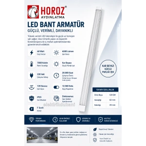 HOROZ Gama-60 BEYAZ 120cm 60W Prizma Led Bant Armatür 7000k Beyaz Işık IP20