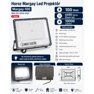 HOROZ Margay-100 100w BEYAZ Led Projektör SMD 6400k IP65 10.000lm (100 Watt 220 Volt)
