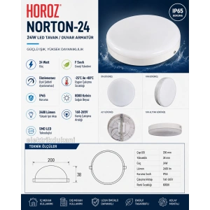 HOROZ Norton-24 24w BEYAZ Işık Yuvarlak Sıva Üstü Led Glop 8000k 2400lm 24 Watt 220V IP65 S. Ü. (Dış Mekan Su ve Toz Geçirmez)