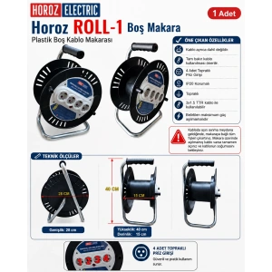 HOROZ Roll-1 Plastik Boş Kablo Makarası Monofaze 4 Prizli 50mt Kapasiteli (3x1.5 TTR) IP20