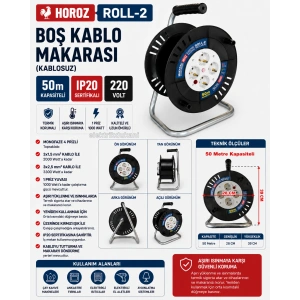 HOROZ Roll-2 Plastik Boş Kablo Makarası Monofaze 4 Prizli 50mt Kapasiteli Termik Korumalı (3x1.5 TTR) IP20