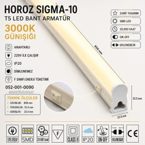 HOROZ Sigma-10 90cm GÜNIŞIĞI 10w T5 Led Bant Armatür Anahtarlı 2700k IP20