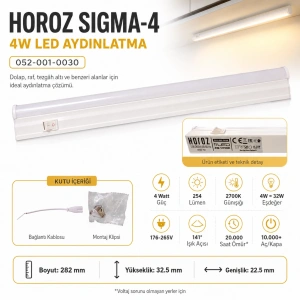 HOROZ Sigma-4 30cm GÜNIŞIĞI 4w T5 Led Bant Armatür Anahtarlı 2700k IP20