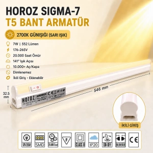 HOROZ Sigma-7 60cm GÜNIŞIĞI 7w T5 Led Bant Armatür Anahtarlı 2700k IP20