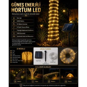 Hortum Led Solar Güneş Enerjili SARI Işık 3200k 10mt Dış Mekan 8 Modlu Süsleme Ledi IP45 ( Günışığı)