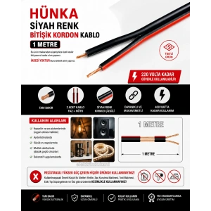 HÜNKA 0.75 SİYAH Bitişik Kordon Kablo Kırmızı Kodlu (500 mt lik Makara) 1mt Fiyatı