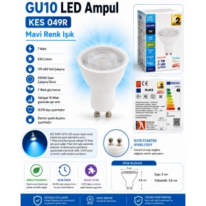 K2 7w MAVİ Gu10 Duylu Lensli Çanak Led Spot Ampul 630lm 7 Watt 220 Volt (Starter Duylu)