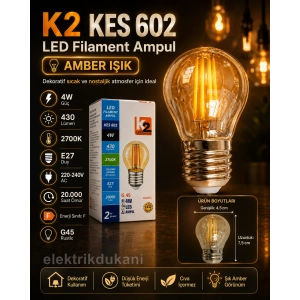 K2 Filament Rustik 4w AMBER 2700k Led Ampul 430lm E-27 4 Watt 220 Volt G45