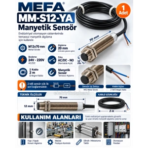 MEFA Manyetik Sensör M12 / 20mm 24v..220v Ac/Dc NO 2 Kablolu 500mA (Çap:12mm Uzunluk:50mm Algılama:20mm)