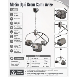 METİN 3lü Venüs KROM Camlı Üçlü Avize E-27 Duylu