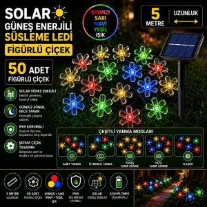 PAPATYA Çiçek Şekilli Solar Güneş Enerjili RGB 5mt Dış Mekan 50li Slikon Süsleme Ledli IP65