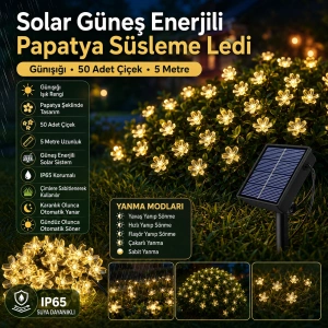 PAPATYA Çiçek Şekilli Solar Güneş Enerjili SARI Işık 3500k 5mt Dış Mekan 50li Slikon Süsleme Ledli IP65 (3500k Günışığı )