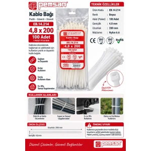 PEMSAN Klips Kablo Bağı 4.8x200 BEYAZ (100lü Paket) Kablo Cırdı