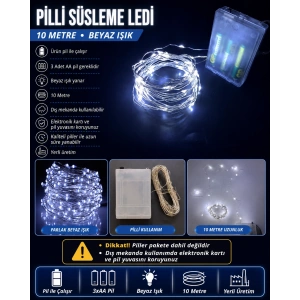 Peri Led BEYAZ Işık 6400k 10mt Pilli Süsleme Ledi (10 Metrelik Piller Hariç )