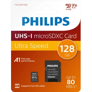 PHILIPS 128Gb UHS-I Micro SDXC Card Mikro Hafıza Kartı Ultra Speed Up to 80 Mb/S R A1 Class 10 Card+Adapter