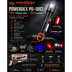 POWERDEX 10w Type-C Şarjlı Ledli Profesyonel El Feneri 3 Farklı Işık Rengi ve Yanma Modu 1000Lm Dahili 2200mA Batarya IP65