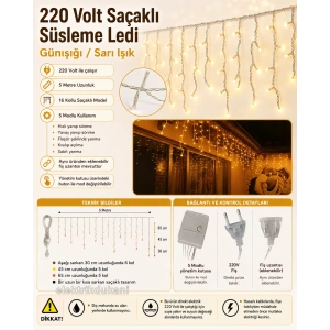SAÇAKLI 220v 5 Modlu SARI Işık 16 Kollu 5mt lik Süsleme Ledi Eklenebilir İç Mekan (Günışığı)