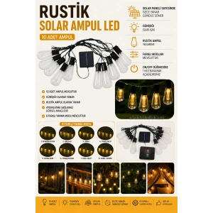 Sıralı Rustik Ampul Şekilli Solar Güneş Enerjili SARI Işık 3200k 2mt 10lu 8 Modlu Süsleme Ledi İç Mekan IP20 ( Günışığı)