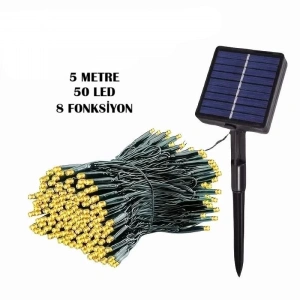 Solar Güneş Enerjili GÜNIŞIĞI 5mt Dış Mekan 50li Boncuk İp Süsleme Ledli IP65 (3500k Gün Işığı Sarı Işık)