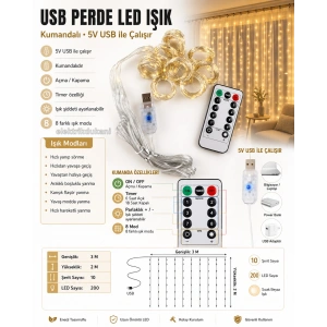 USB Peri Led 3x3mt SARI Işık 3500k Kumandalı Asma Kancalı Perde Süsleme Ledi 10 Kollu (Günışığı)