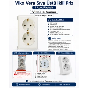 VİKO Vera Beyaz Sıva Üstü İkili Topraklı Priz 220v IP20