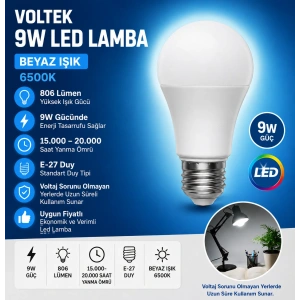 VOLTEK 9W Led Ampul E-27 Duylu BEYAZ 6500K