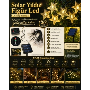 YILDIZ Şekilli Solar Güneş Enerjili SARI Işık 3500k 5mt Dış Mekan 30lu Süsleme Ledli IP65 (8 Yanma Modu GünIşığı )