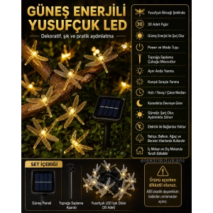 YUSUFCUK Şekilli Solar Güneş Enerjili SARI Işık 3500k 5mt Dış Mekan 30lu Süsleme Ledli IP65 ( GünIşığı )
