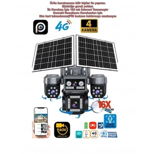 ZTECH 4 Lens AOV Solar 4 Kameralı Smart +4G SİM Kartlı Güvenlik Kamerası Güneş Enerjili 360? HD 4MP 3 Sabit 1 Hareketli Gece Görüşlü Sirenli Akıllı Kamera IP66 (Çift Solar Panel 16000mAh Pil İle Kesintisiz Kayıt Türkçe Menü)