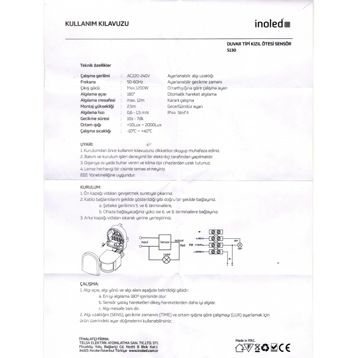 İNOLED Sıva Üstü Hareket Sensörü 180 Derece Görüş Açılı 1200W 12 Mt Algılama Mesafesi