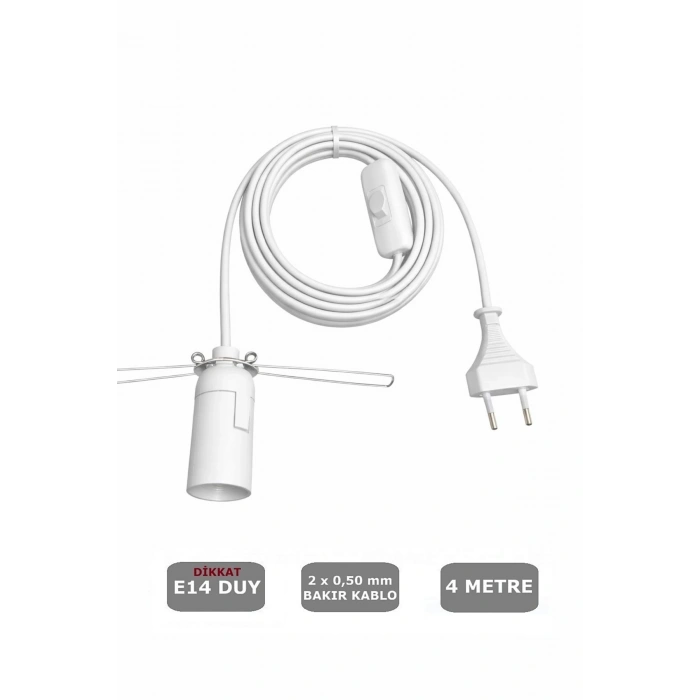 E14 Duylu 4 Metre Arapuarlı, Tuz Lambası Duyu Yaylı (2X0,50) (Beyaz) 65W