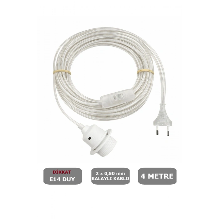 Şeffaf Kablolu E14 Beyaz Duylu, 4 Metre Arapuarlı (Aç Kapat Anahtar) (2X0,50) 65W