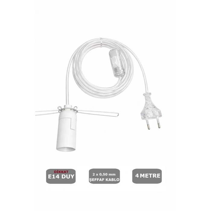 Şeffaf Kablolu E14 Yaylı Beyaz Duylu, Tuz Lambası Duyu 4 Metre Arapuarlı (2X0,50) 65W