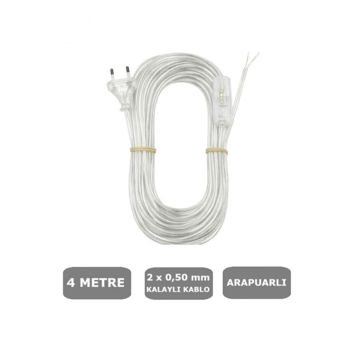 ŞEFFAF, Fişli Arapuarlı Kablo - Anahtarlı (2X0,50) Yassı Kablo - 4 Metre