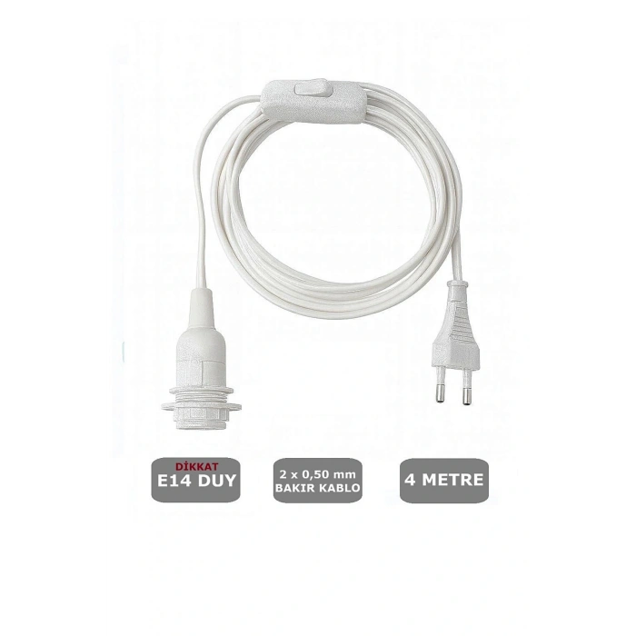 E14 Duylu 4 Metre Arapuarlı (AÇ KAPAT ANAHTAR) Fişli Seyyar (2X0,50) (BEYAZ) 65W