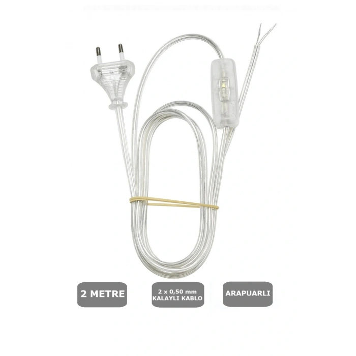 ŞEFFAF, Fişli Arapuarlı Kablo - Anahtarlı (2X0,50) Yassı Kablo - 2 Metre