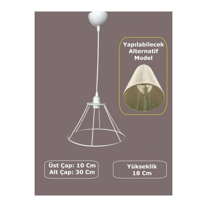 Konik Avize Teli , İskeleti (Uzun Boy 30x18 Cm) Beyaz Statik Boyalı (Duy Takımı Dahil)