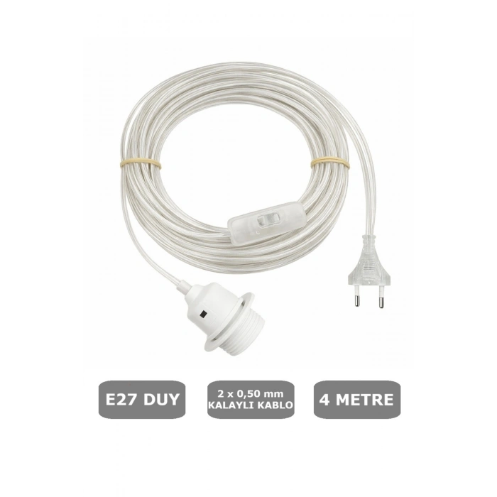 Şeffaf Kablolu E27 Beyaz Duylu, 4 Metre Arapuarlı (Aç Kapat Anahtar) (2X0,50) 65W