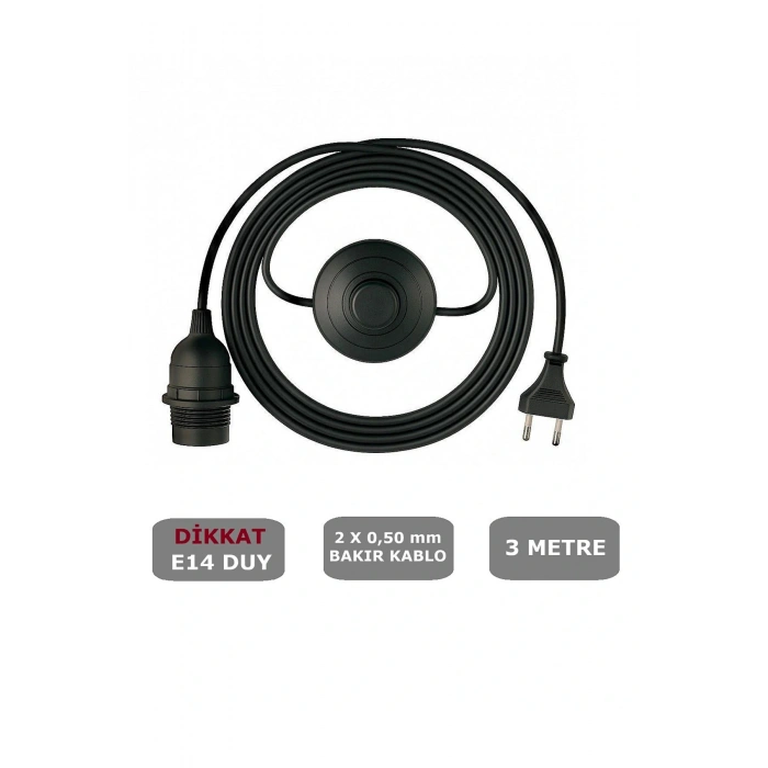 E14 Duylu 3 Metre Yerpuarlı (AÇ KAPAT ANAHTAR) Fişli Seyyar (2X0,50) (SİYAH)