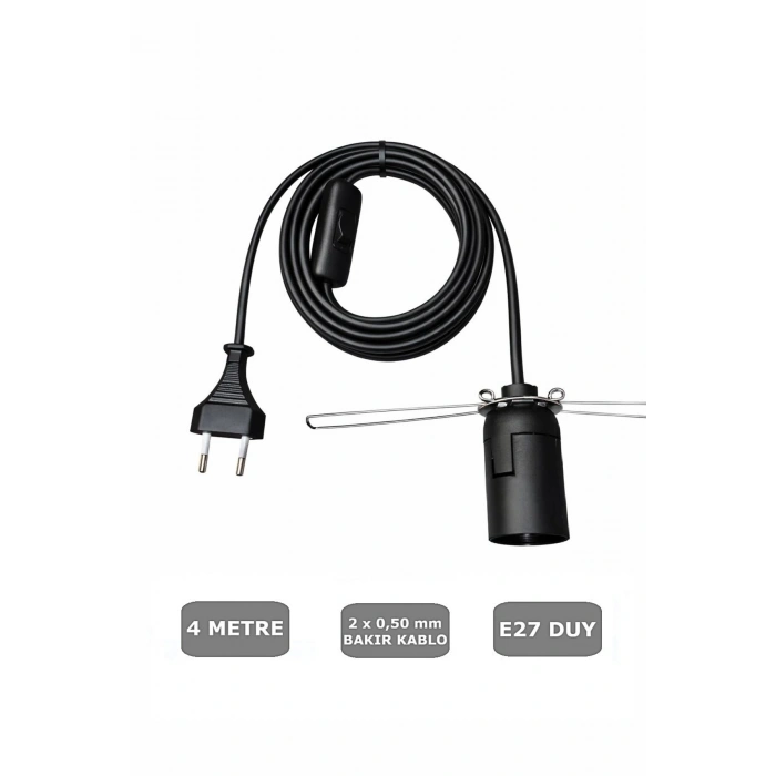 E27 Duylu 4 Metre Arapuarlı (Aç Kapat Anahtar) Yaylı Duy (2X0,50) (Siyah) 65W
